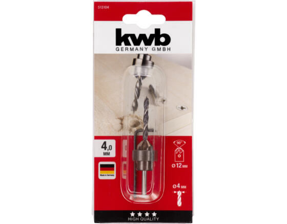 KWB Holzspiralbohrer-Set mit Aufstecksenker und Tiefenstop, 3-teilig, ø 4 mm