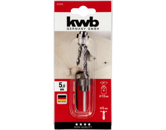 KWB Holzspiralbohrer-Set mit Aufstecksenker und Tiefenstop, 3-teilig, ø 5 mm
