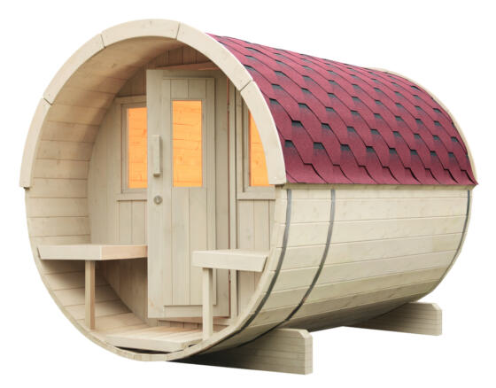 WOLFF FINNHAUS Saunafass 280 montiert Dachschindeln rot