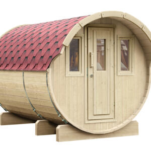 WOLFF FINNHAUS Saunafass 330 montiert Dachschindeln rot