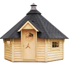 WOLFF FINNHAUS Grillkota 9 de luxe mit Lapplandpaket und 5 Rentierfelle Dachschindeln schwarz