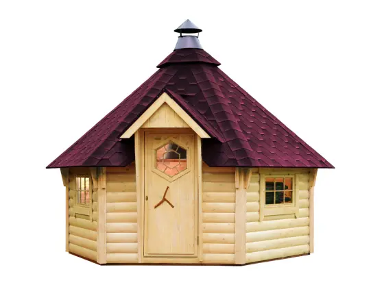 WOLFF FINNHAUS Grillkota 9 de luxe mit Lapplandpaket und 5 Rentierfelle Dachschindeln rot